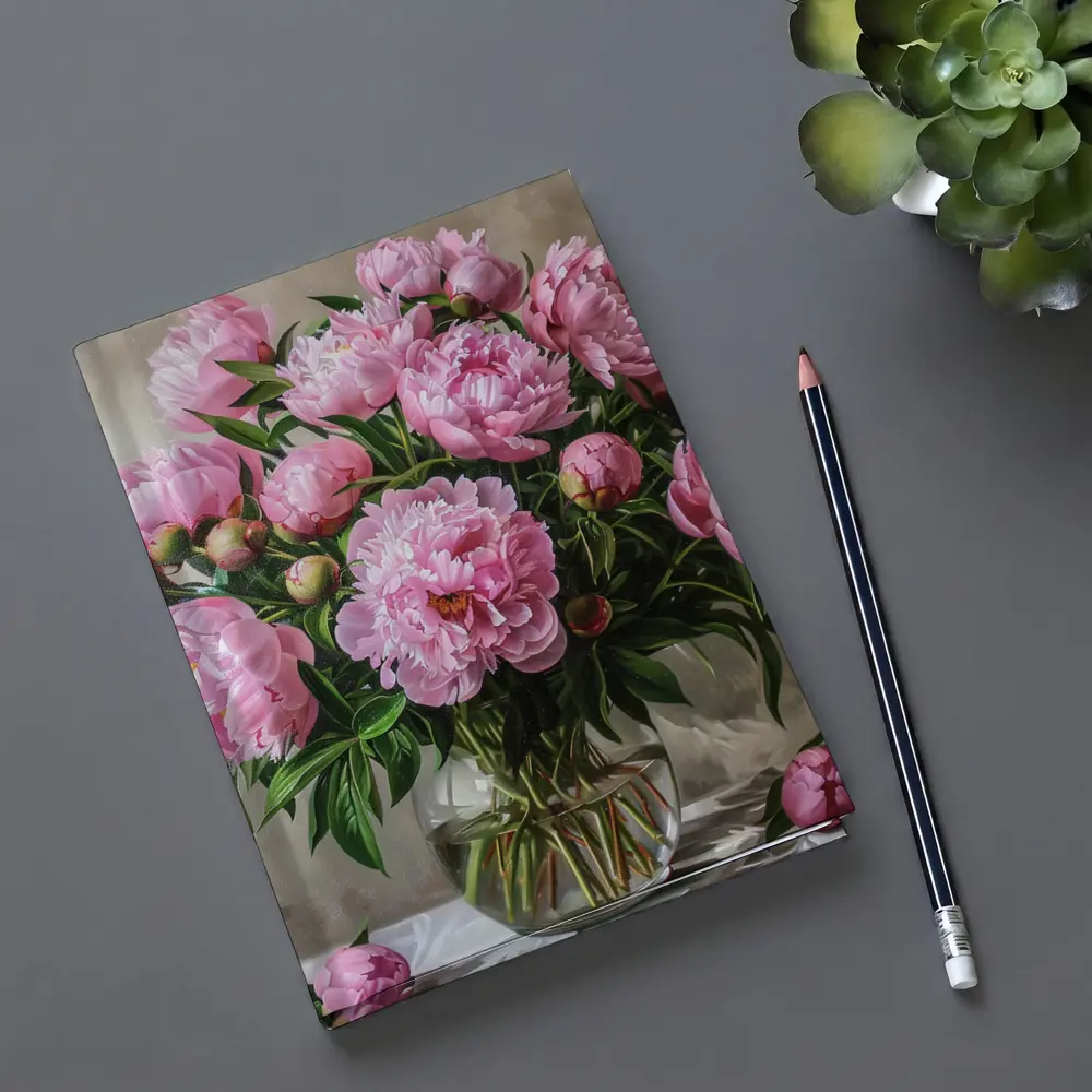 Pink Peonies Bouquet Glass Vase Painting – Notebooks