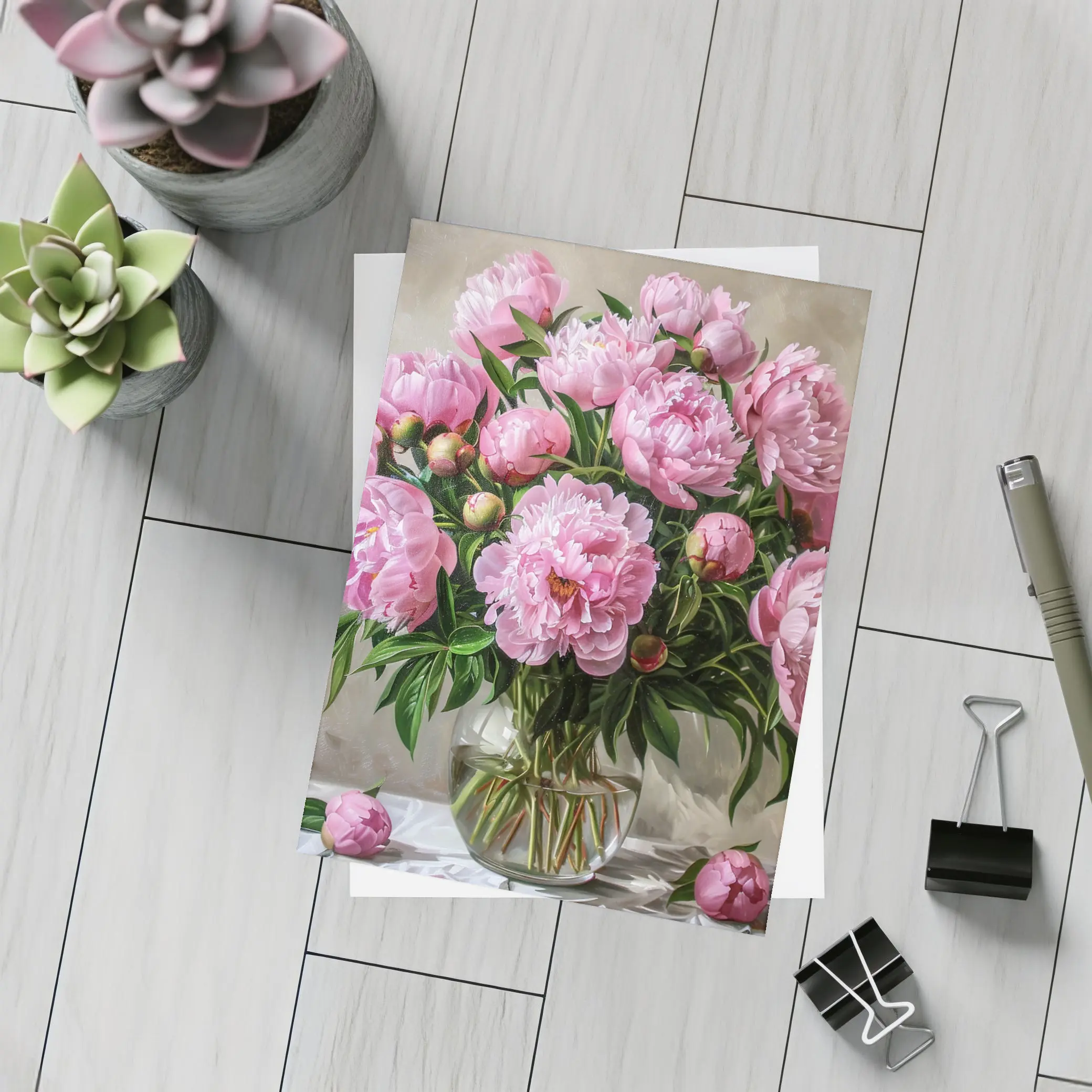 Pink Peonies Bouquet Glass Vase Painting – Postcards