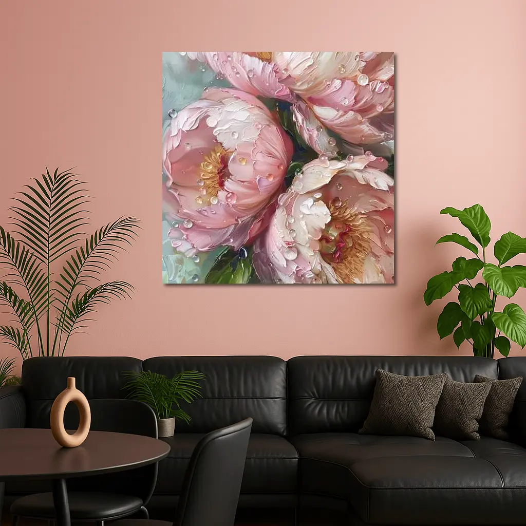 Pink Peonies Oil Painting With Water Drops – Wall Art