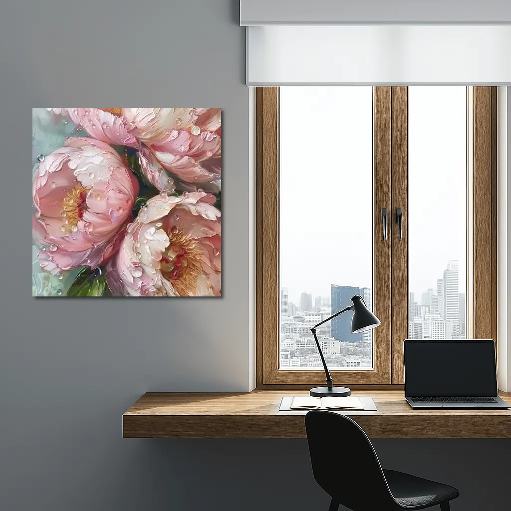 Pink Peonies Oil Painting With Water Drops – Wall Art