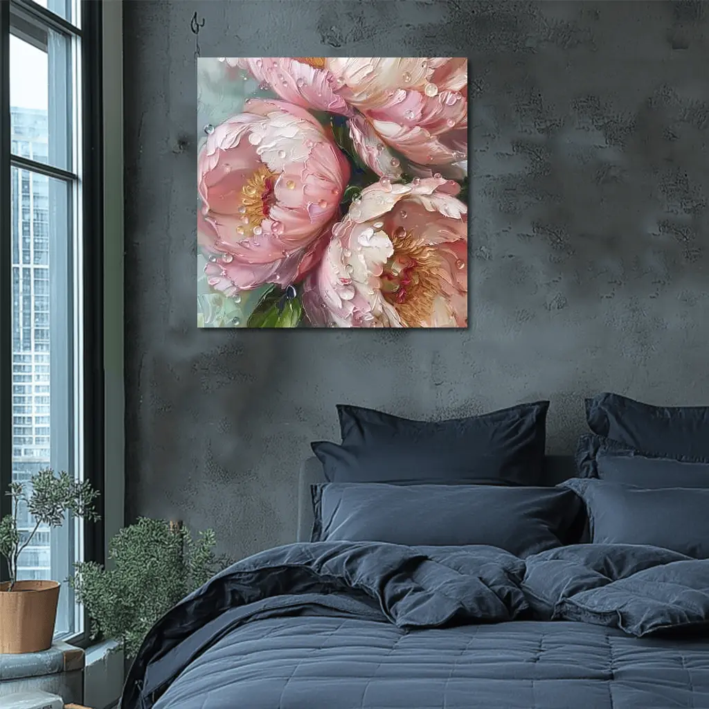 Pink Peonies Oil Painting With Water Drops – Wall Art