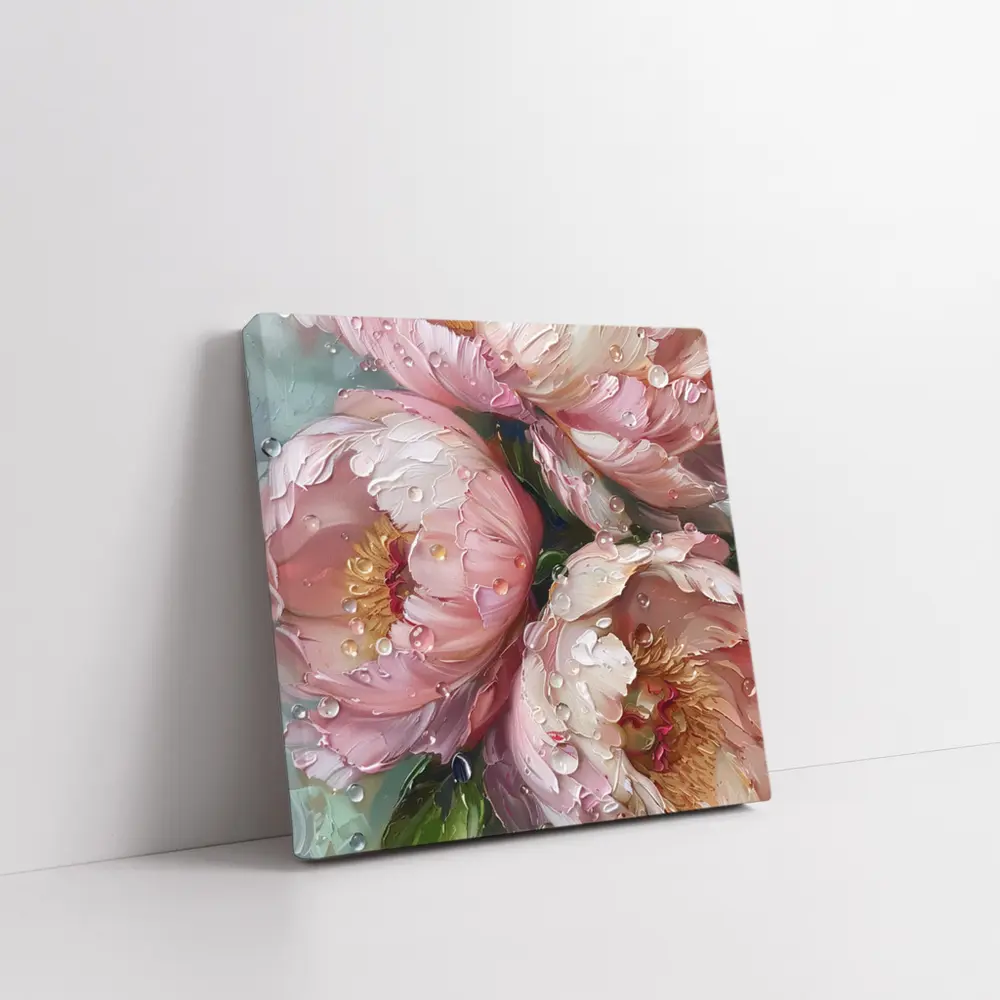 Pink Peonies Oil Painting With Water Drops – Wall Art