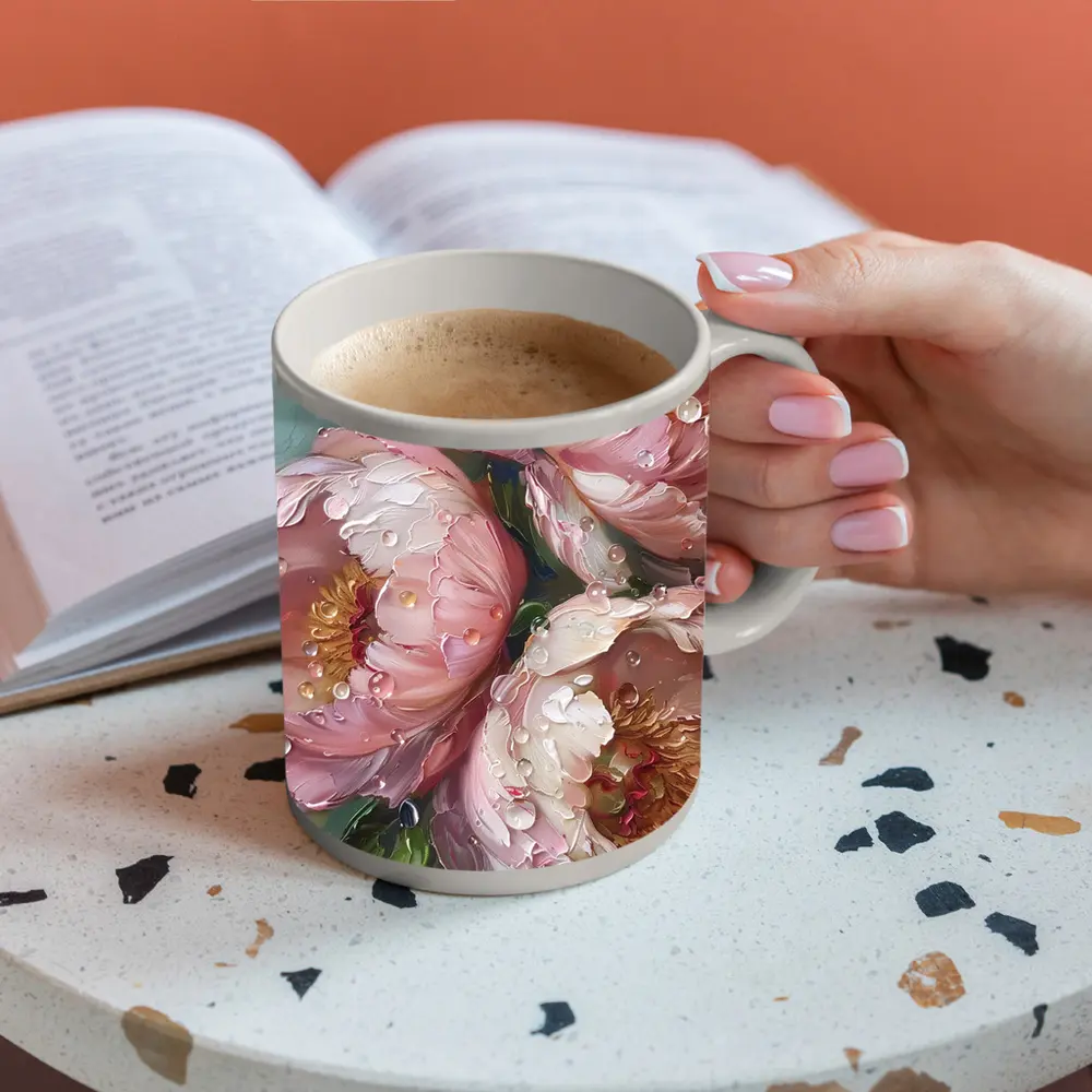 Pink Peonies Oil Painting With Water Drops – Mugs