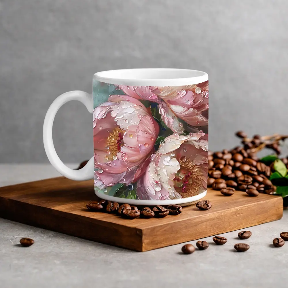 Pink Peonies Oil Painting With Water Drops – Mugs
