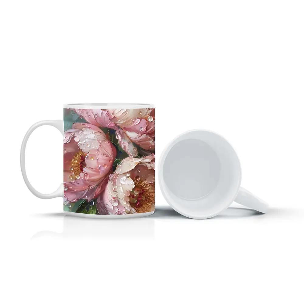 Pink Peonies Oil Painting With Water Drops – Mugs