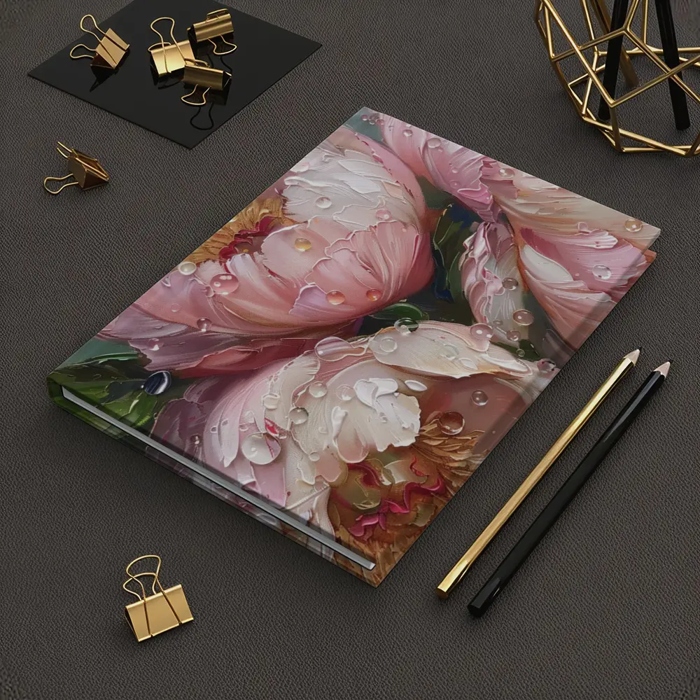Pink Peonies Oil Painting With Water Drops – Notebooks