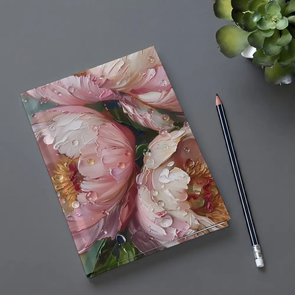 Pink Peonies Oil Painting With Water Drops – Notebooks