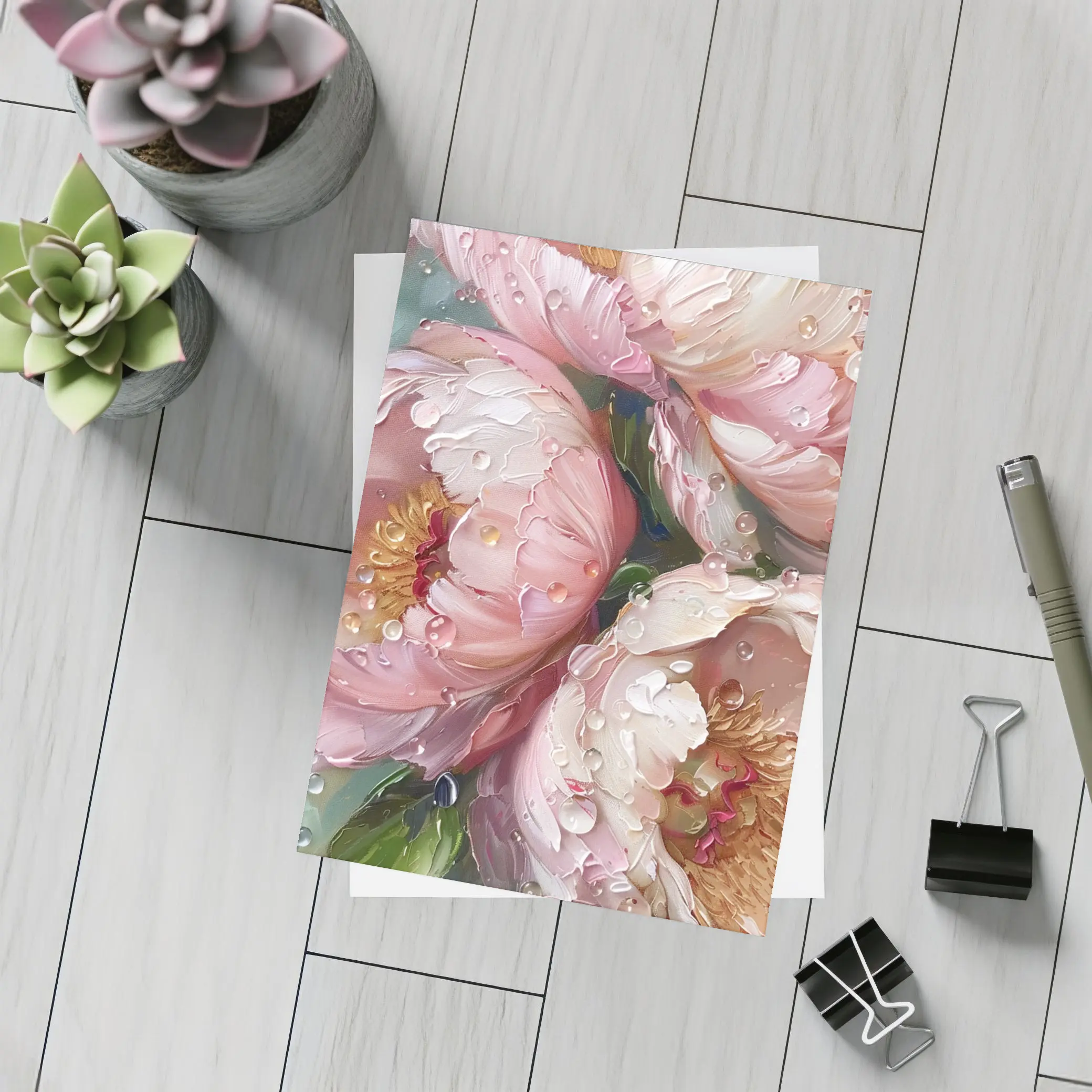 Pink Peonies Oil Painting With Water Drops – Postcards