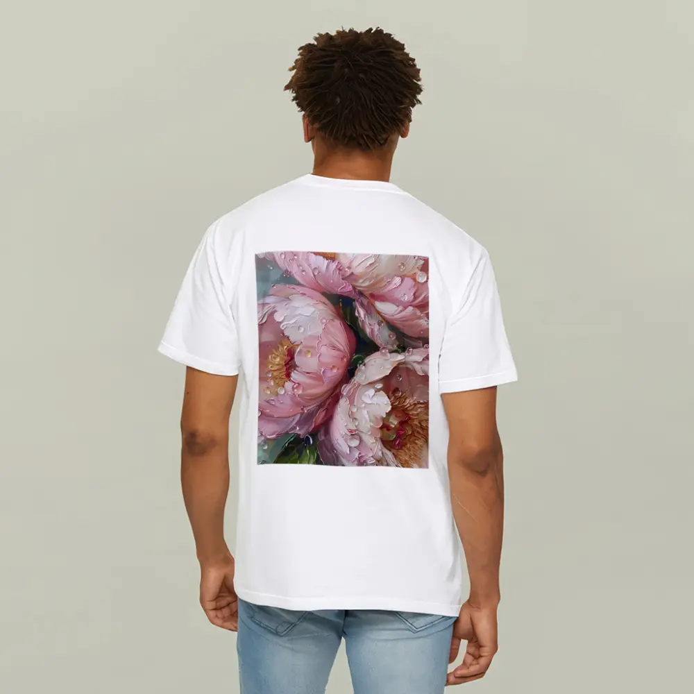 Pink Peonies Oil Painting With Water Drops – T-Shirts