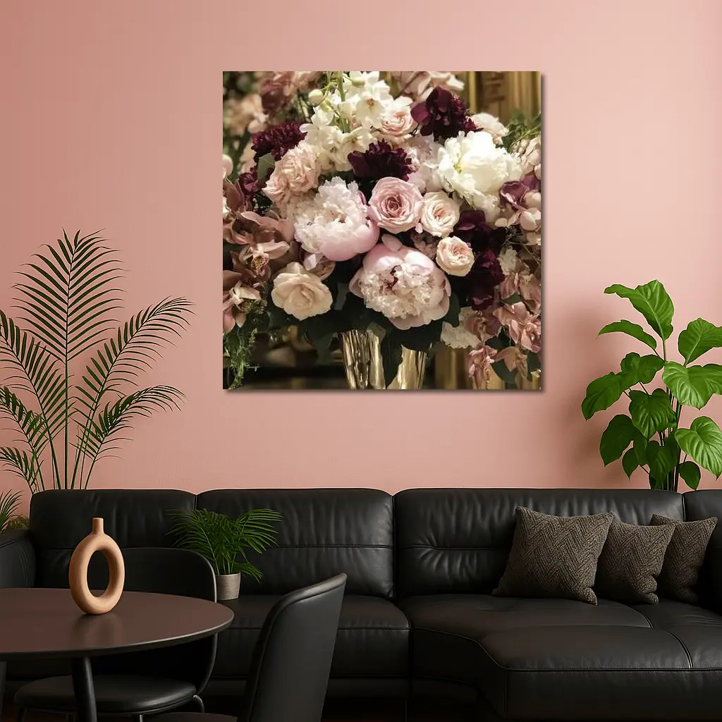 Pink Peonies Roses Burgundy Floral Bouquet – Wall Art