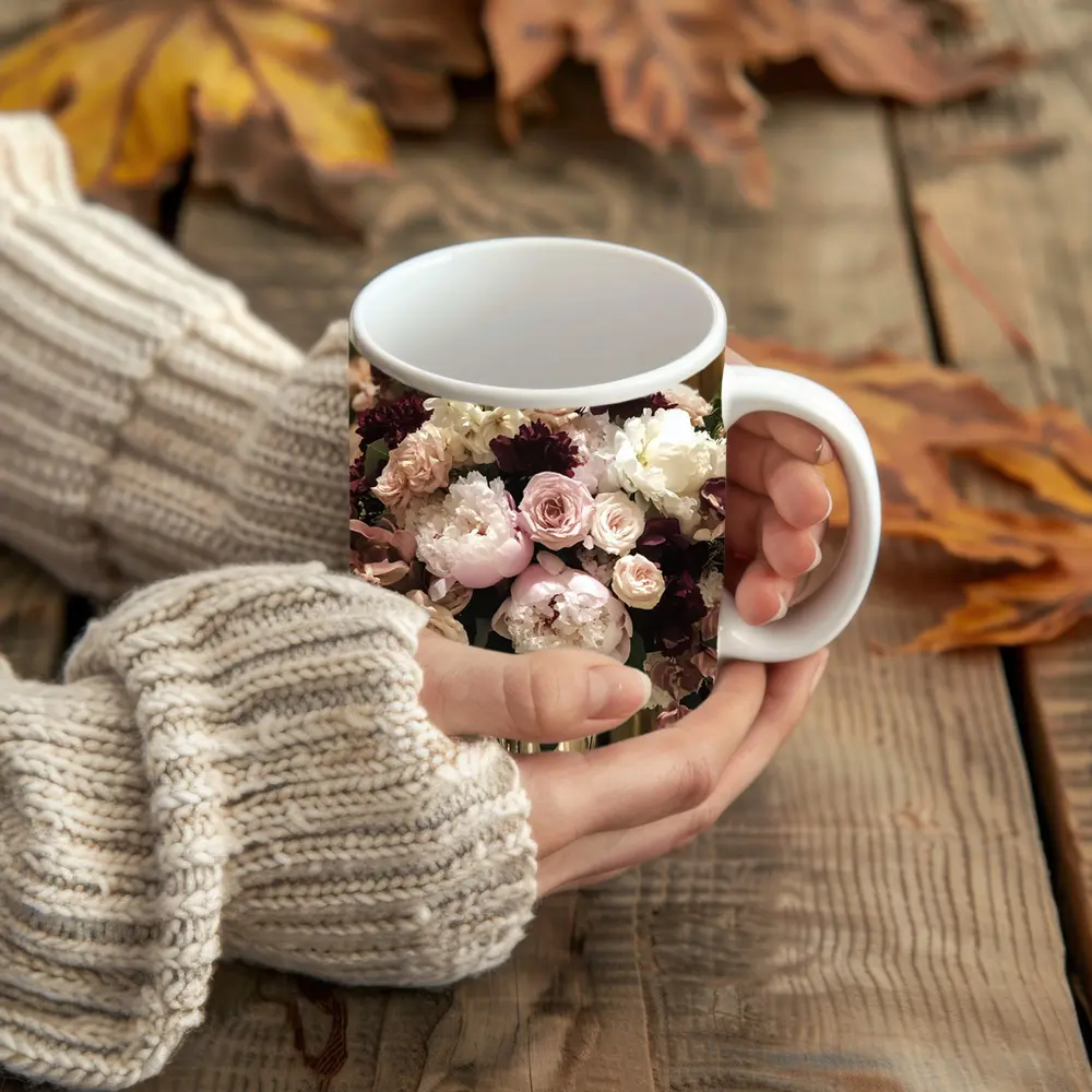 Pink Peonies Roses Burgundy Floral Bouquet – Mugs