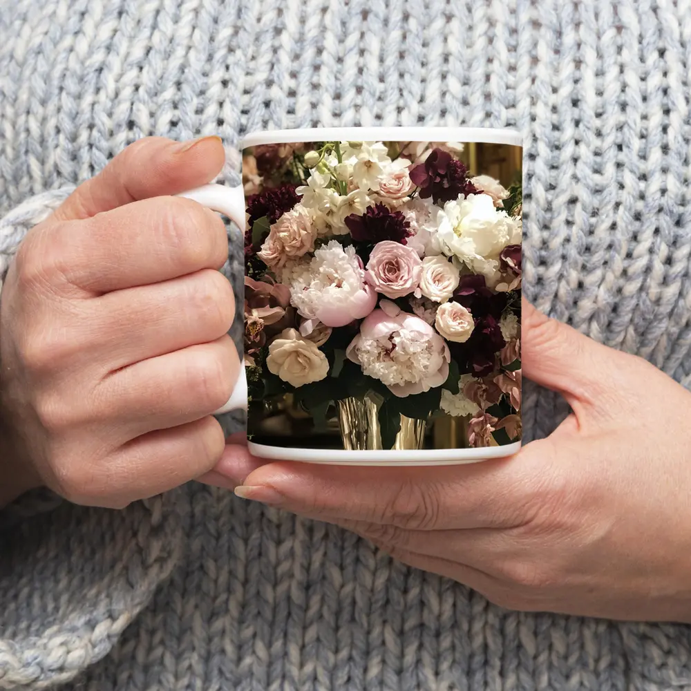 Pink Peonies Roses Burgundy Floral Bouquet – Mugs