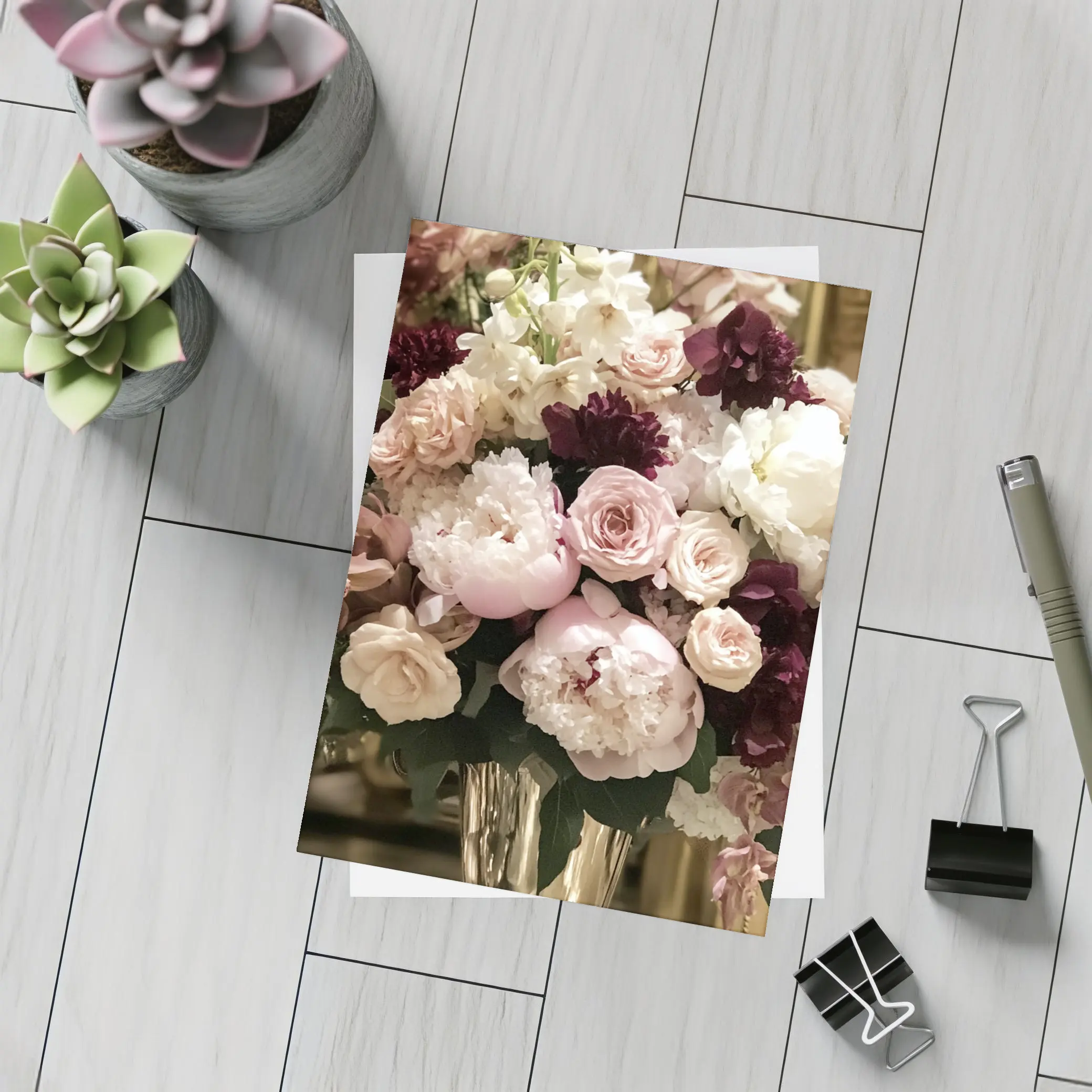 Pink Peonies Roses Burgundy Floral Bouquet – Postcards