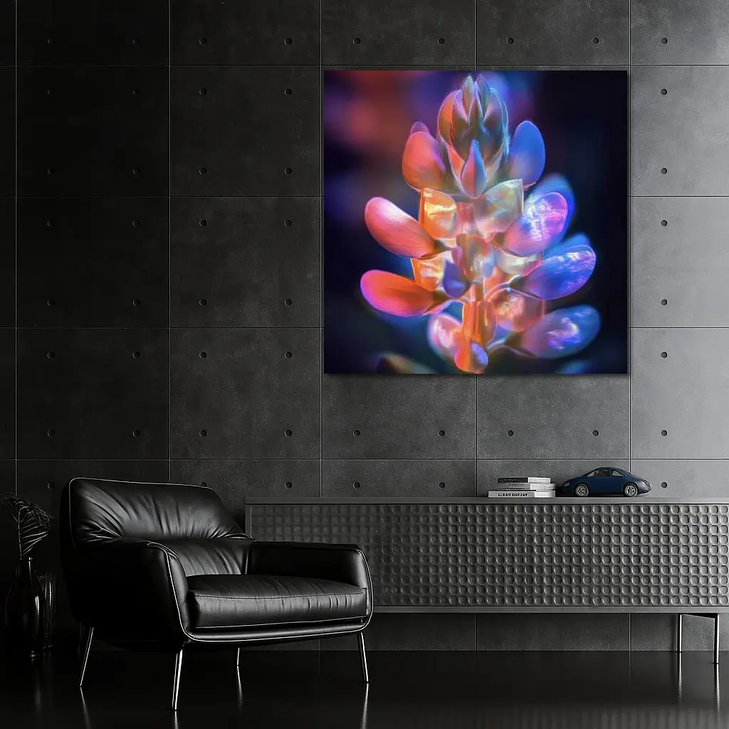 Neon Lupine Flower Dark Bokeh Background – Wall Art