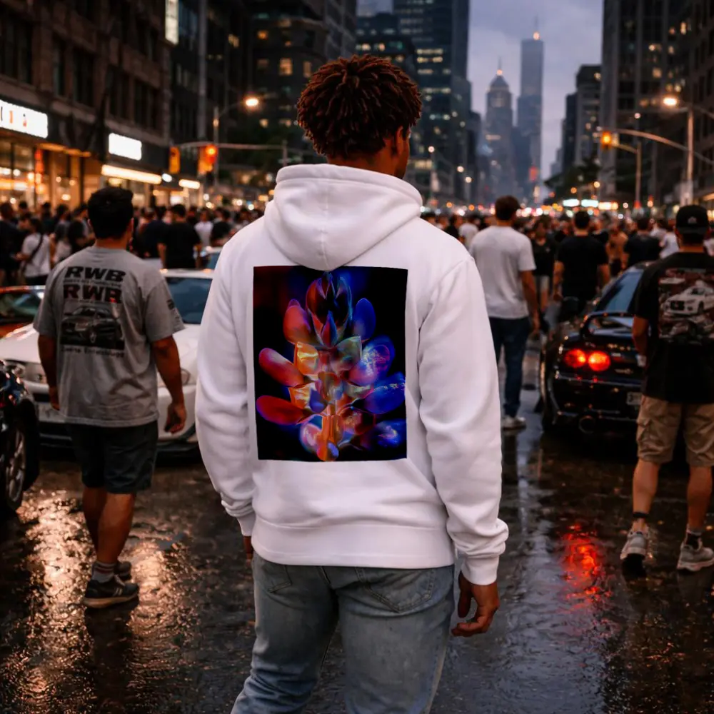 Neon Lupine Flower Dark Bokeh Background – Hoodies