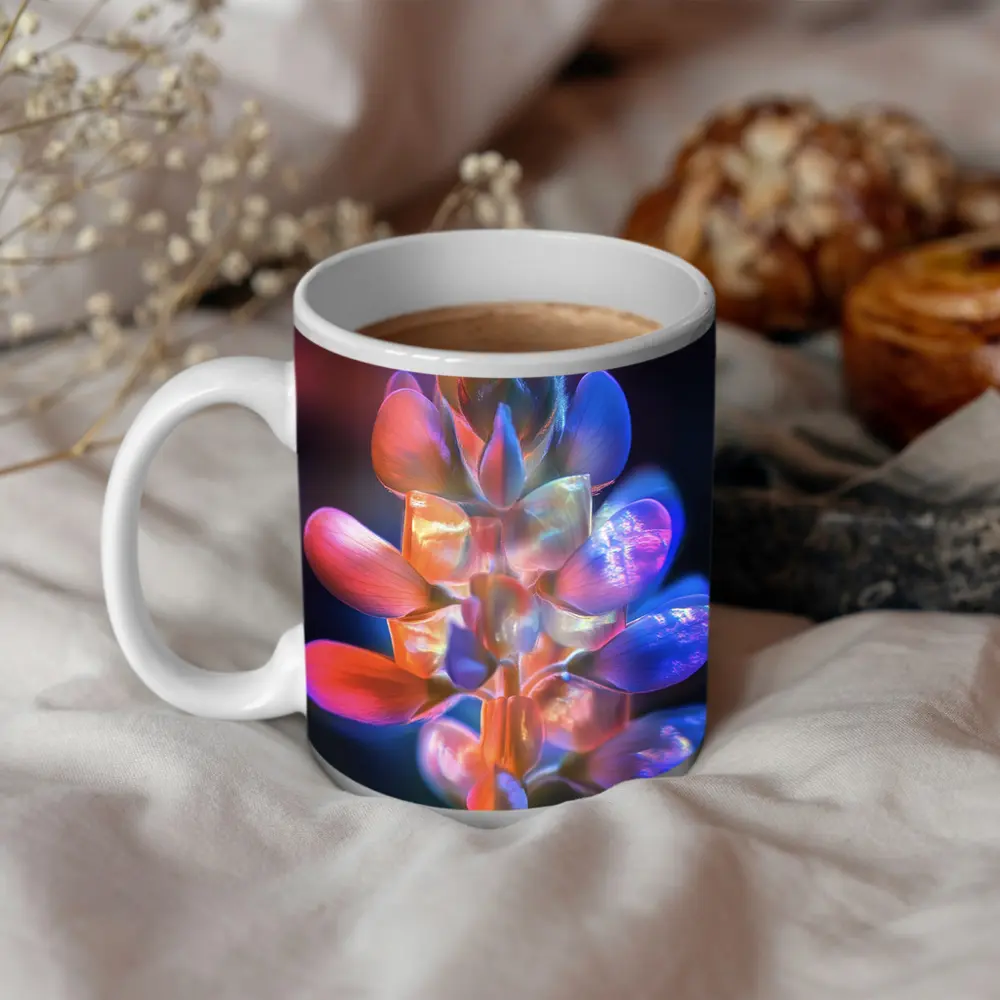 Neon Lupine Flower Dark Bokeh Background – Mugs