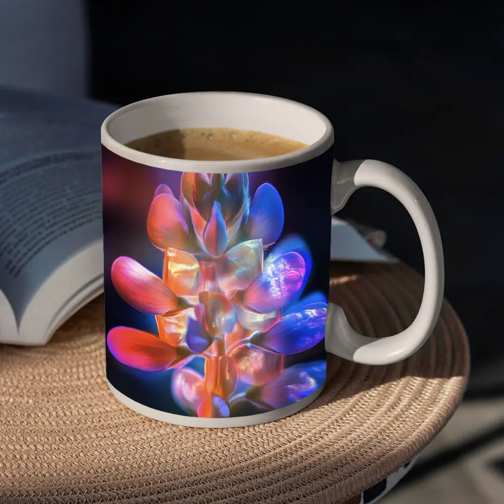 Neon Lupine Flower Dark Bokeh Background – Mugs
