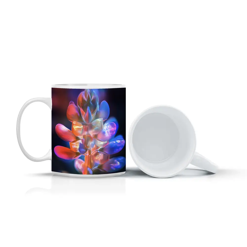 Neon Lupine Flower Dark Bokeh Background – Mugs