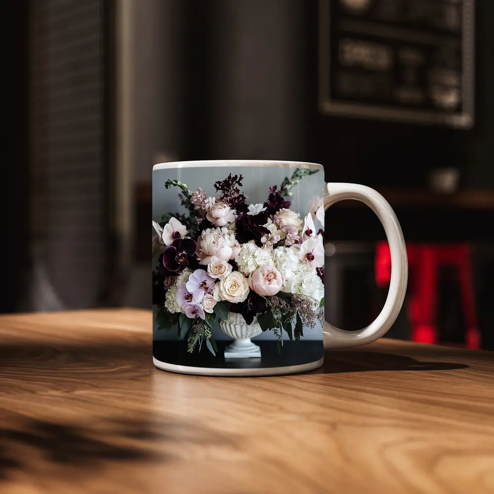 Peonies Orchids Roses Dark Plum Floral Arrangement – Mugs
