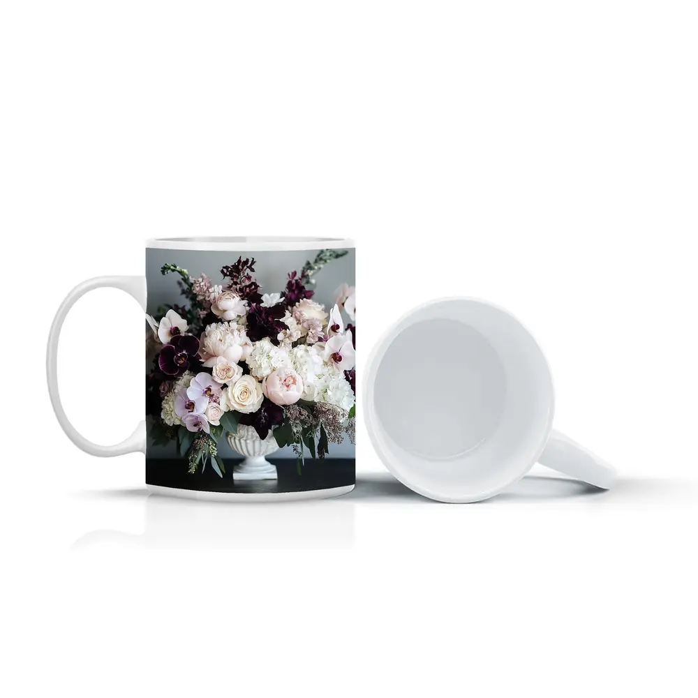Peonies Orchids Roses Dark Plum Floral Arrangement – Mugs