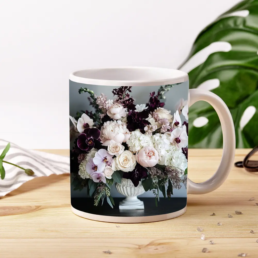 Peonies Orchids Roses Dark Plum Floral Arrangement – Mugs