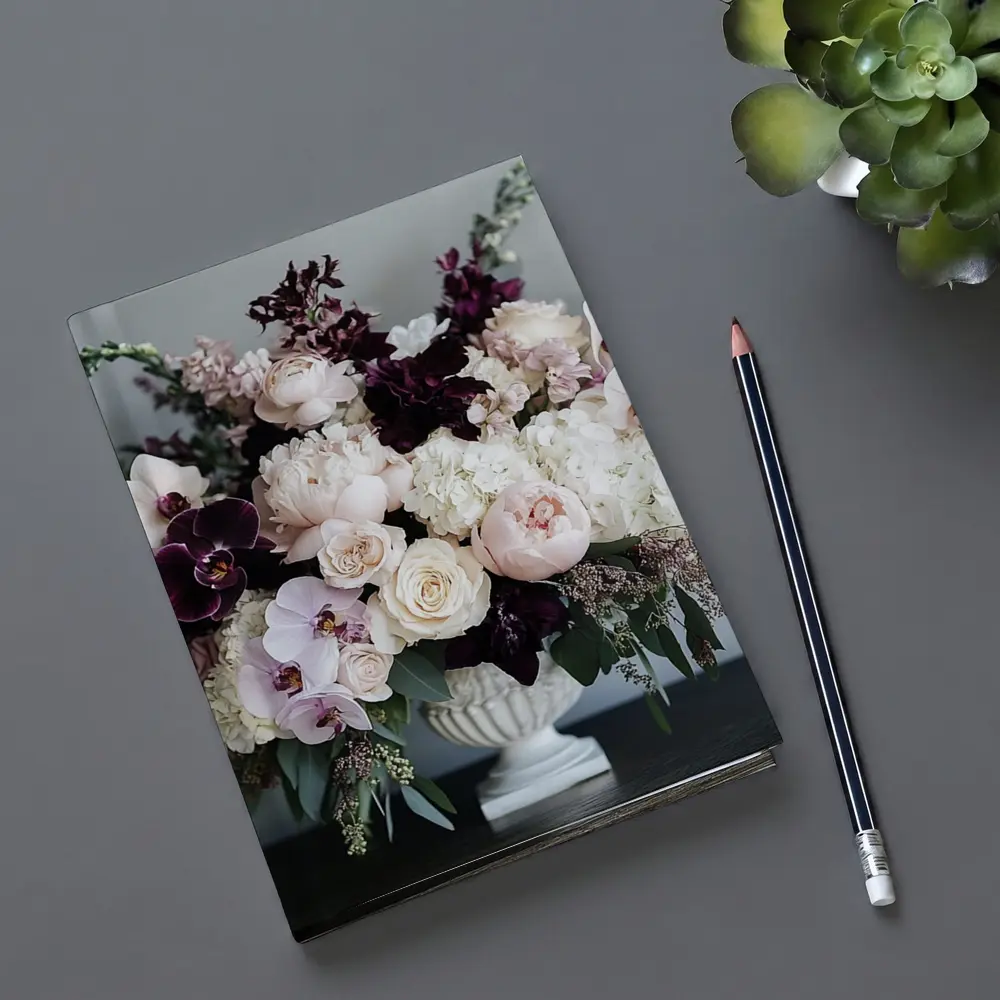 Peonies Orchids Roses Dark Plum Floral Arrangement – Notebooks