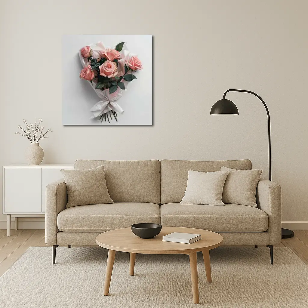 Pink Roses Bouquet Wrapped White Paper – Wall Art