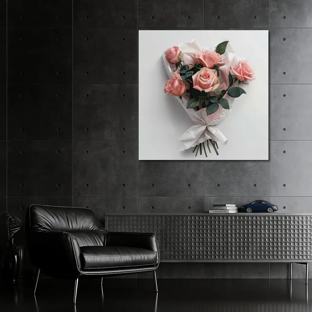 Pink Roses Bouquet Wrapped White Paper – Wall Art