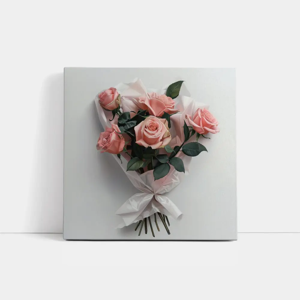 Pink Roses Bouquet Wrapped White Paper – Wall Art