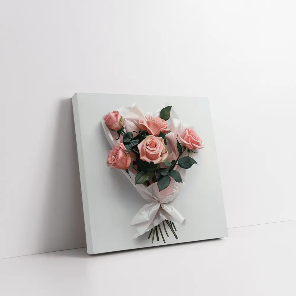 Pink Roses Bouquet Wrapped White Paper – Wall Art