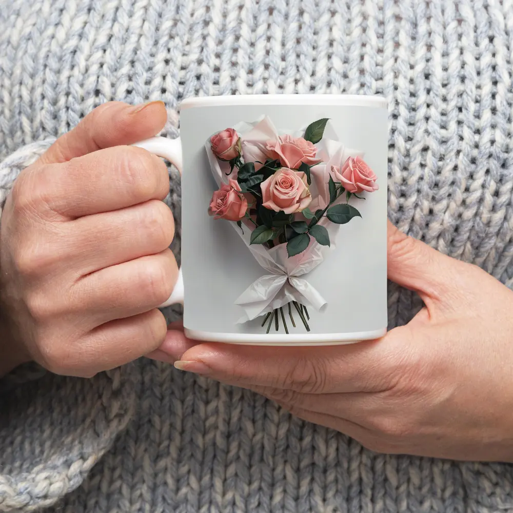 Pink Roses Bouquet Wrapped White Paper – Mugs