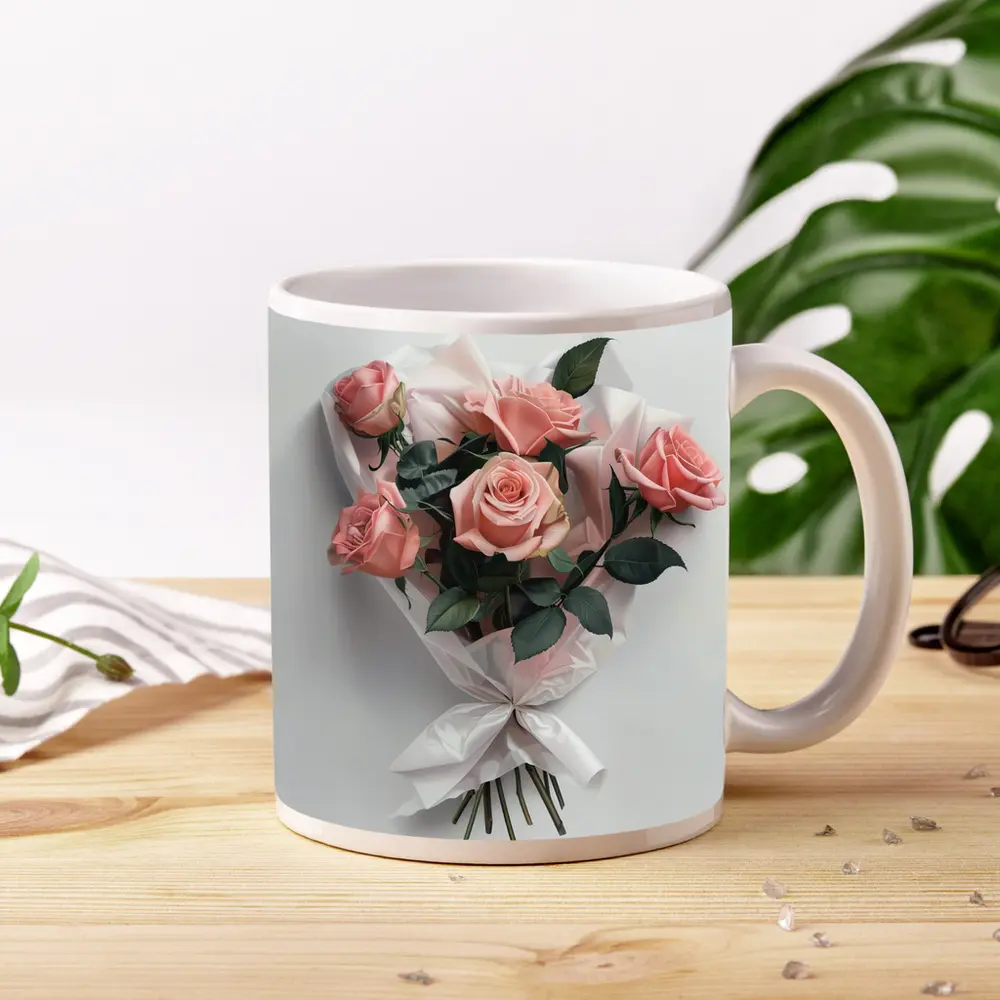 Pink Roses Bouquet Wrapped White Paper – Mugs