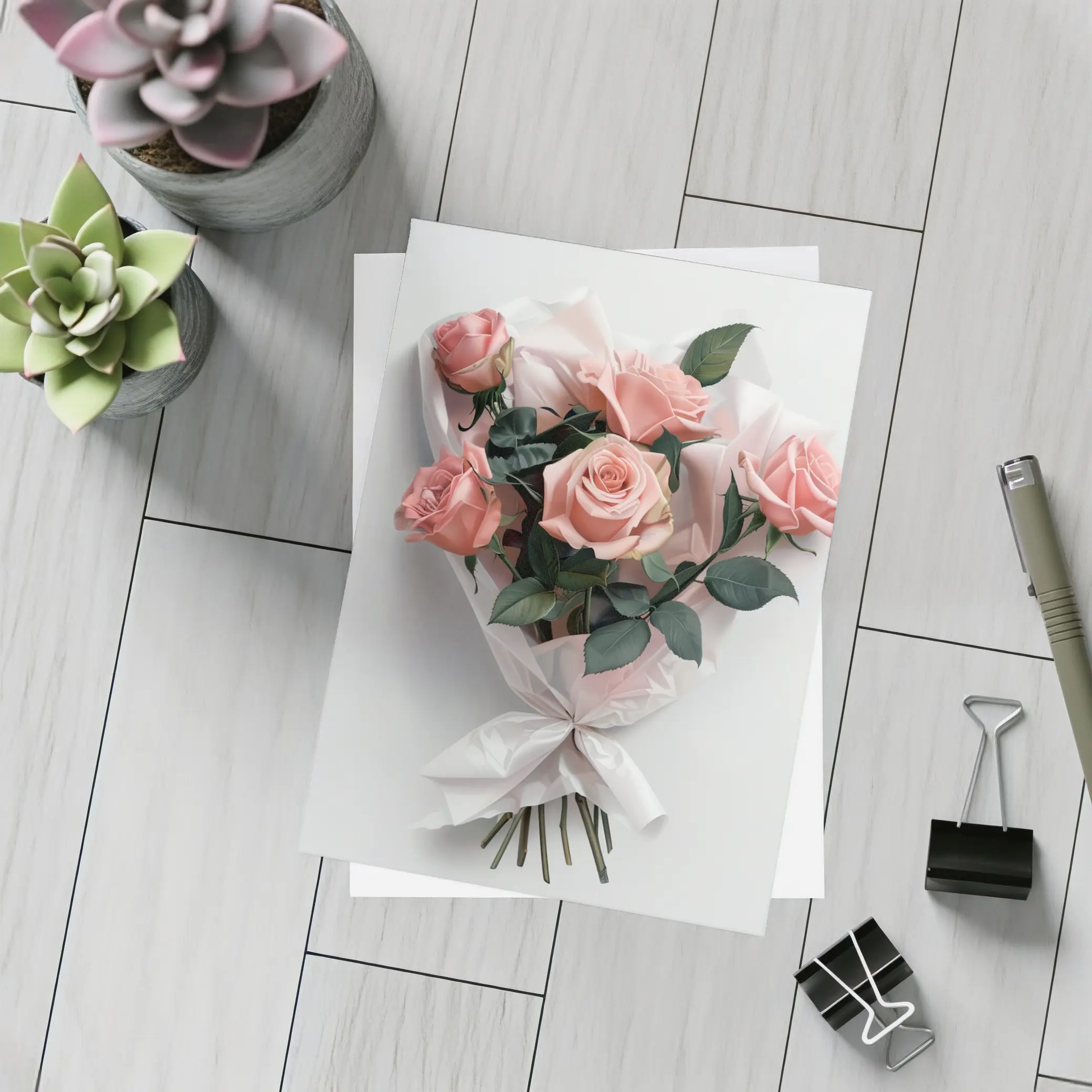 Pink Roses Bouquet Wrapped White Paper – Postcards
