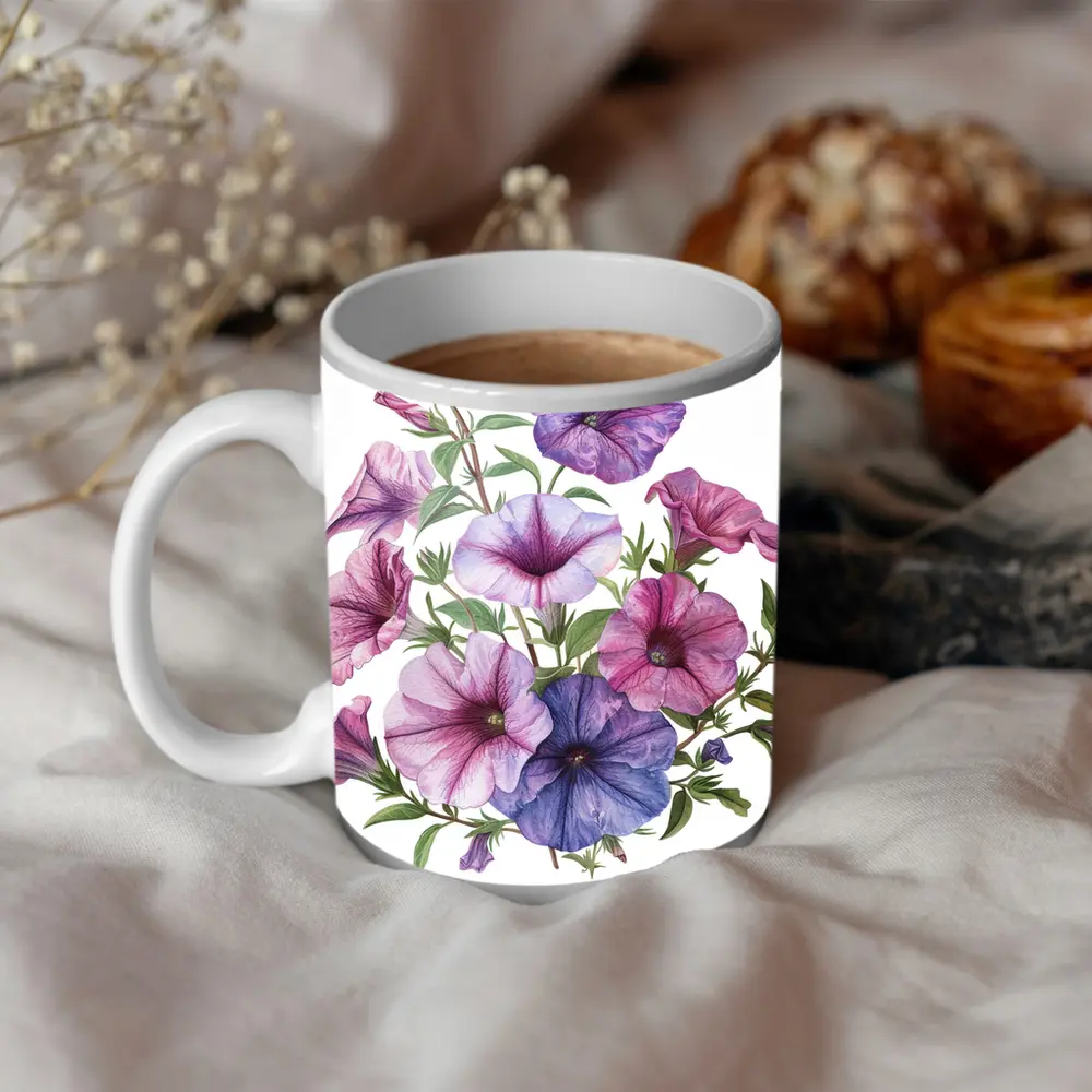 Petunia Flowers Botanical Illustration Pink Purple – Mugs