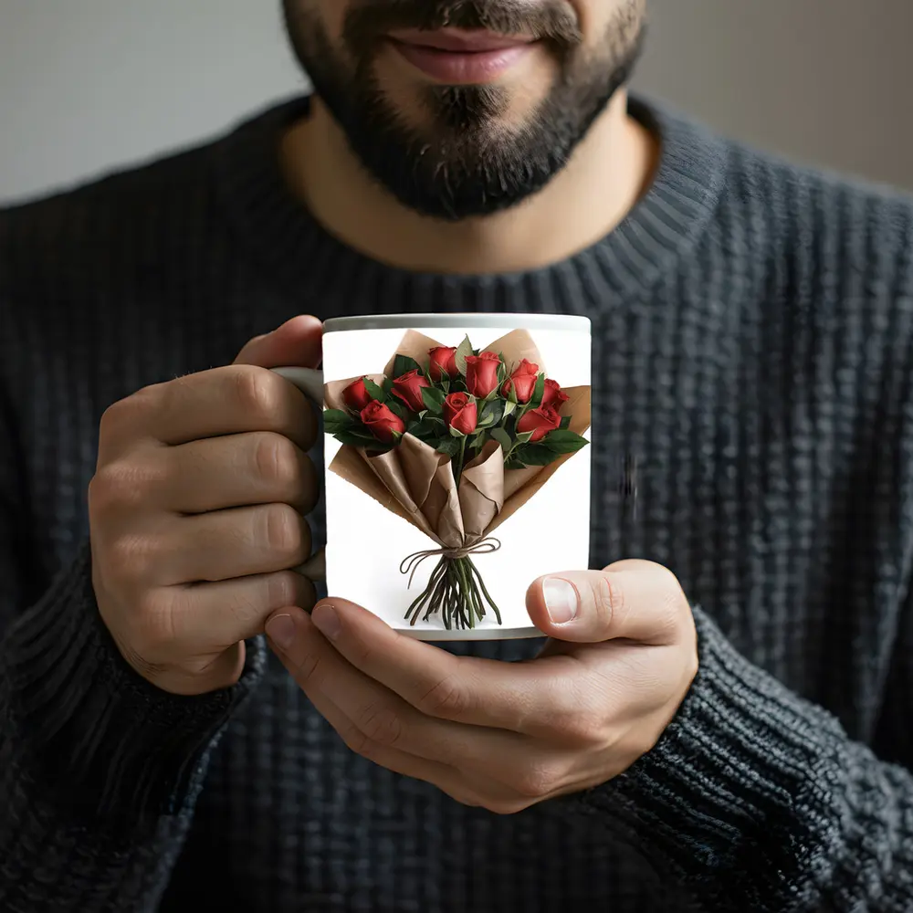 Red Roses Bouquet Wrapped In Kraft Paper – Mugs