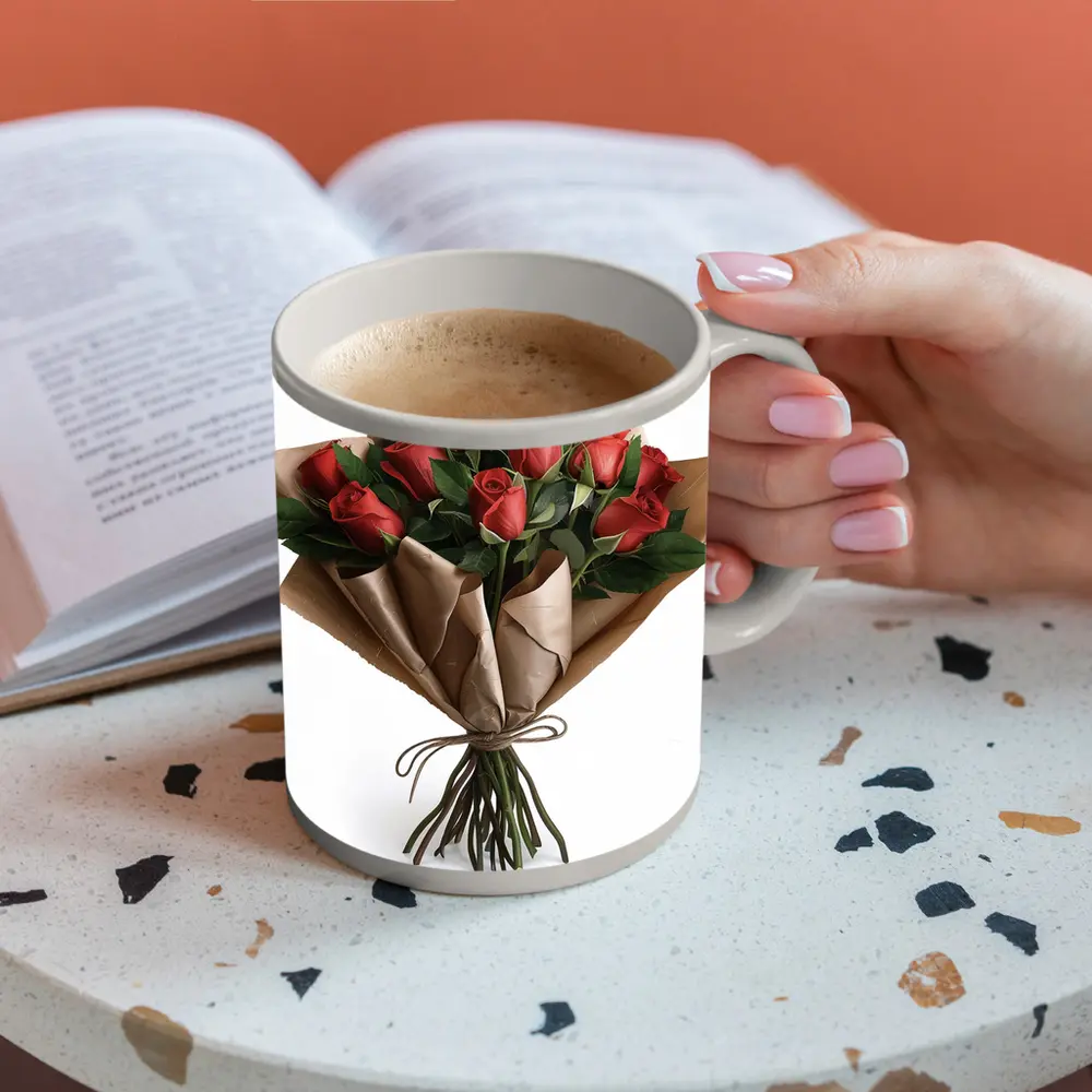 Red Roses Bouquet Wrapped In Kraft Paper – Mugs