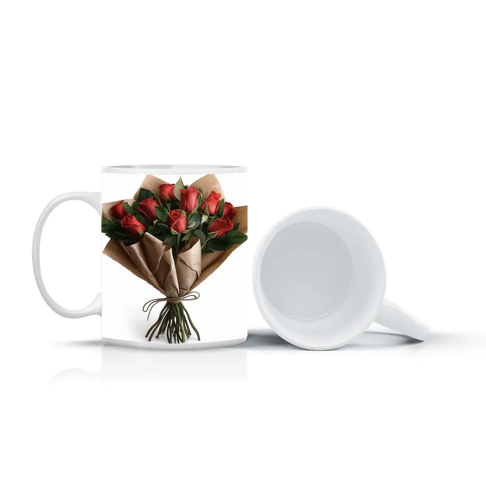 Red Roses Bouquet Wrapped In Kraft Paper – Mugs