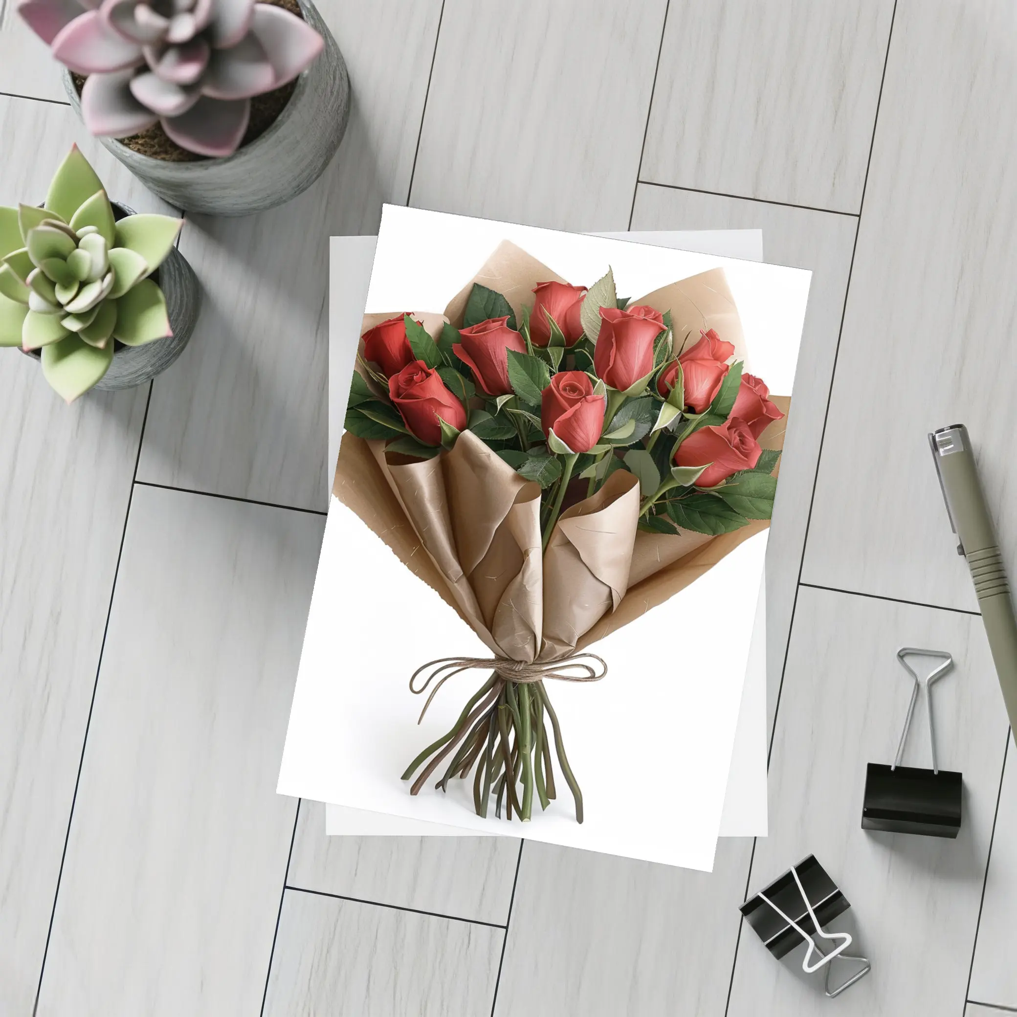 Red Roses Bouquet Wrapped In Kraft Paper – Postcards