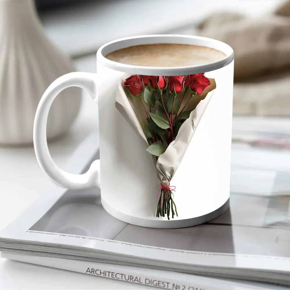 Red Roses Bouquet Wrapped White Paper – Mugs