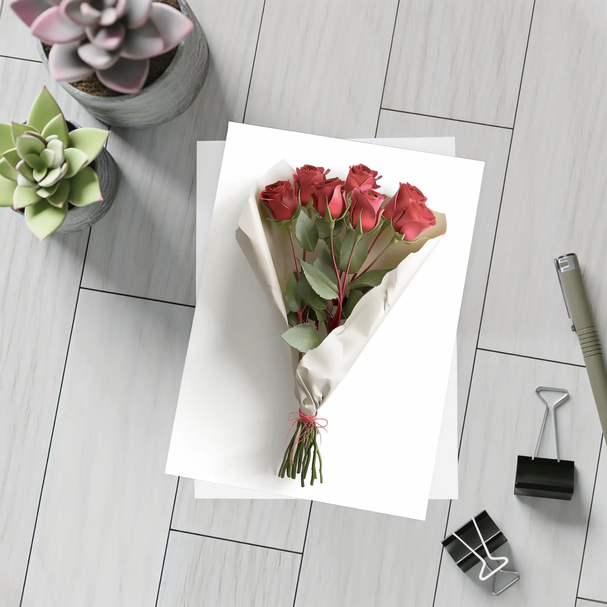 Red Roses Bouquet Wrapped White Paper – Postcards