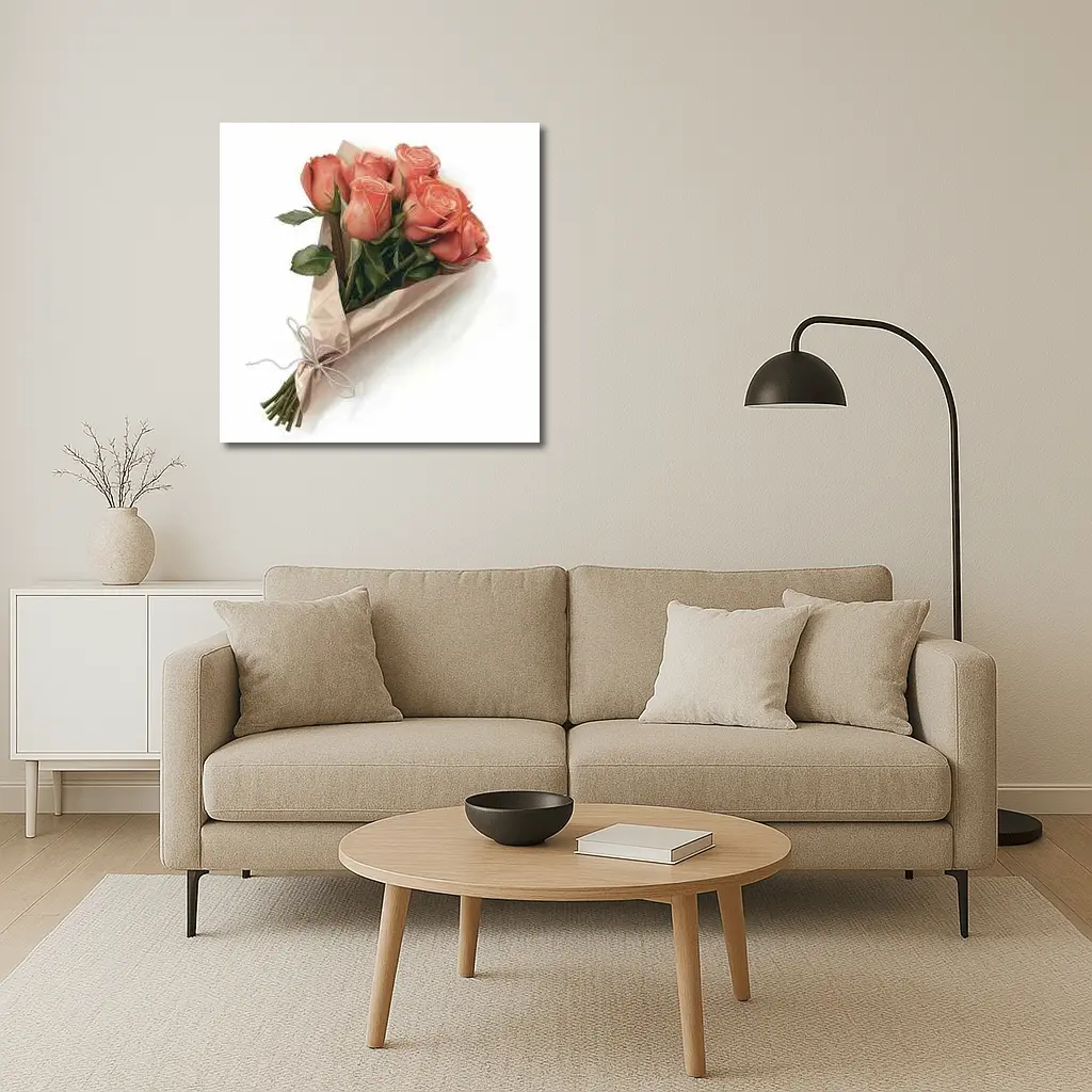 Coral Rose Bouquet Wrapped in Kraft Paper – Wall Art