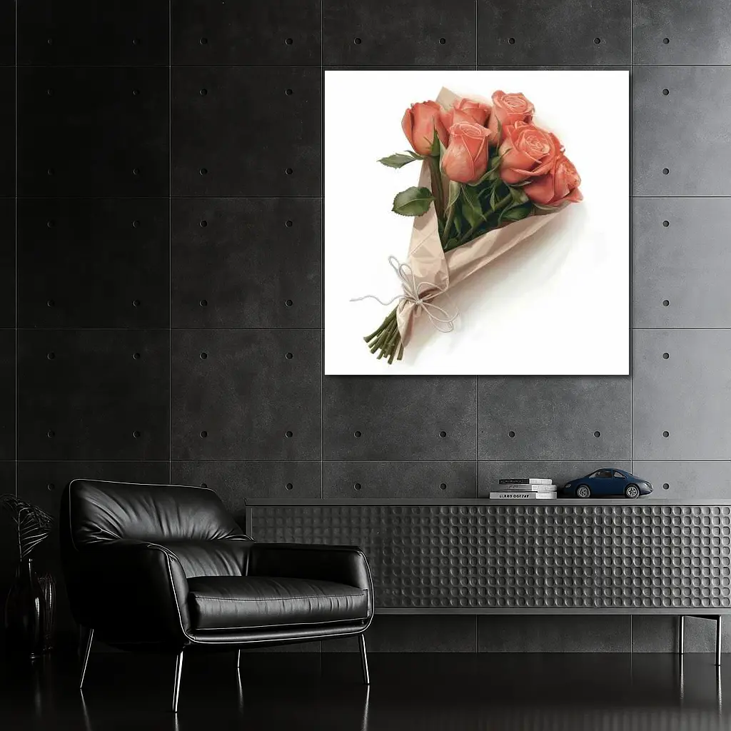 Coral Rose Bouquet Wrapped in Kraft Paper – Wall Art