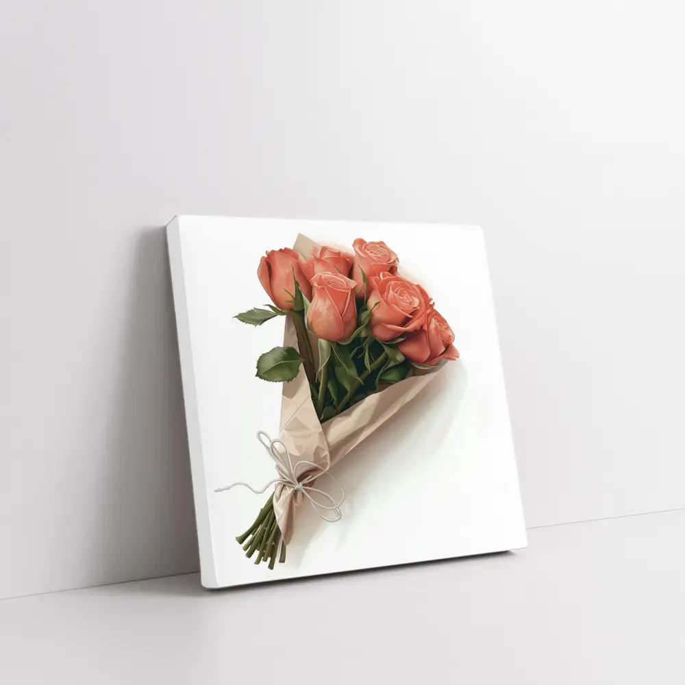 Coral Rose Bouquet Wrapped in Kraft Paper – Wall Art