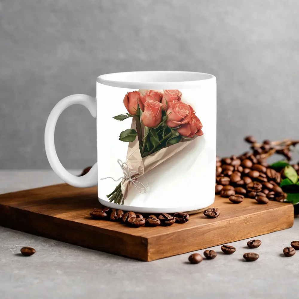 Coral Rose Bouquet Wrapped in Kraft Paper – Mugs
