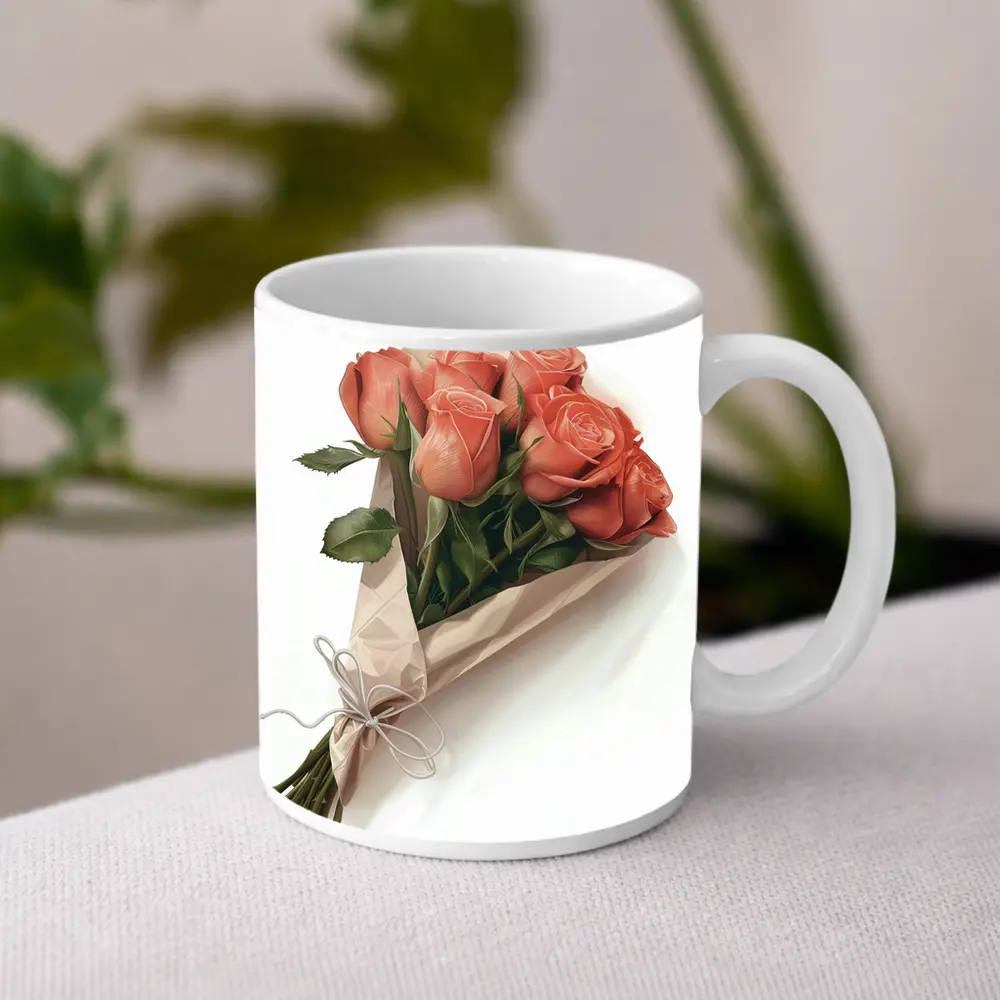 Coral Rose Bouquet Wrapped in Kraft Paper – Mugs
