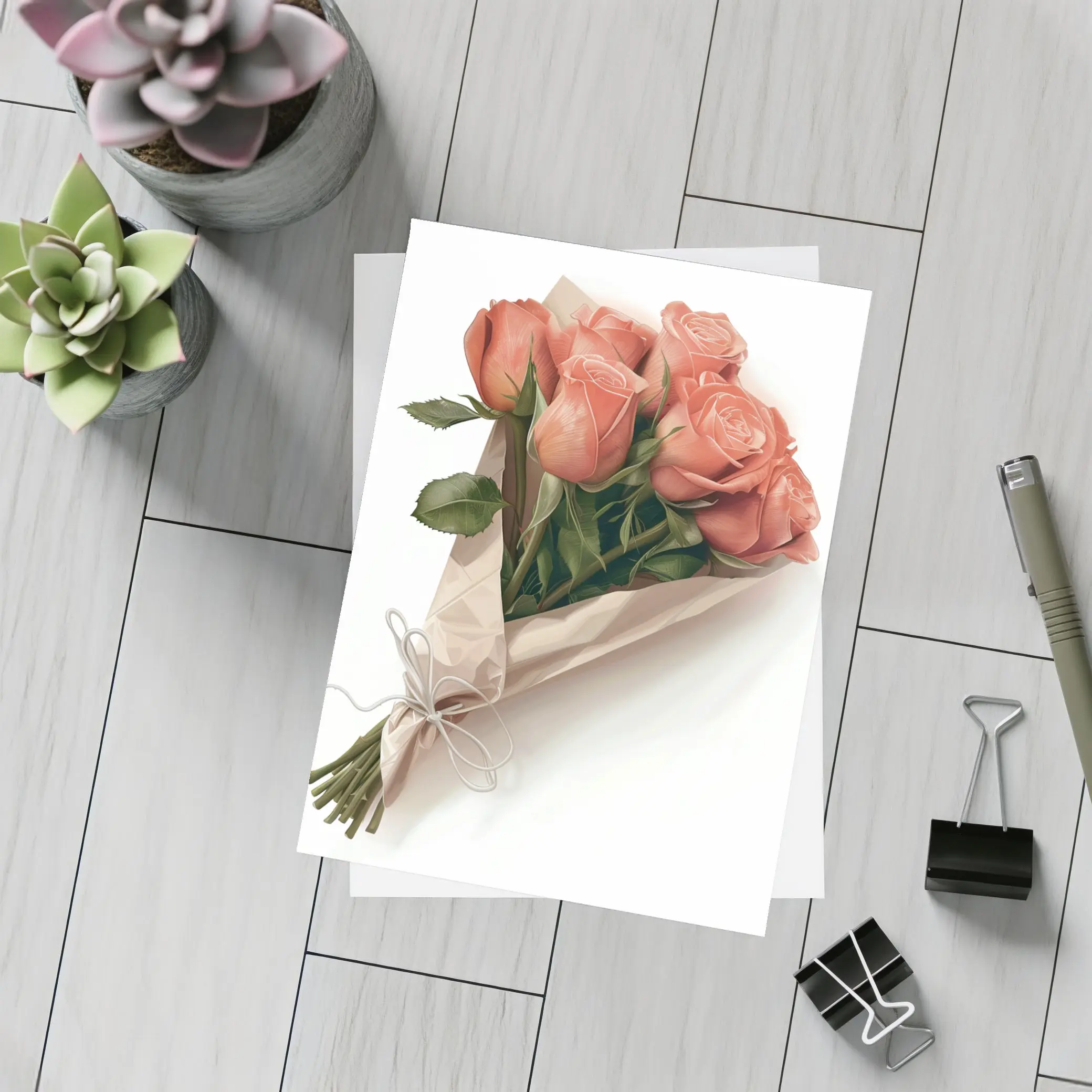 Coral Rose Bouquet Wrapped in Kraft Paper – Postcards