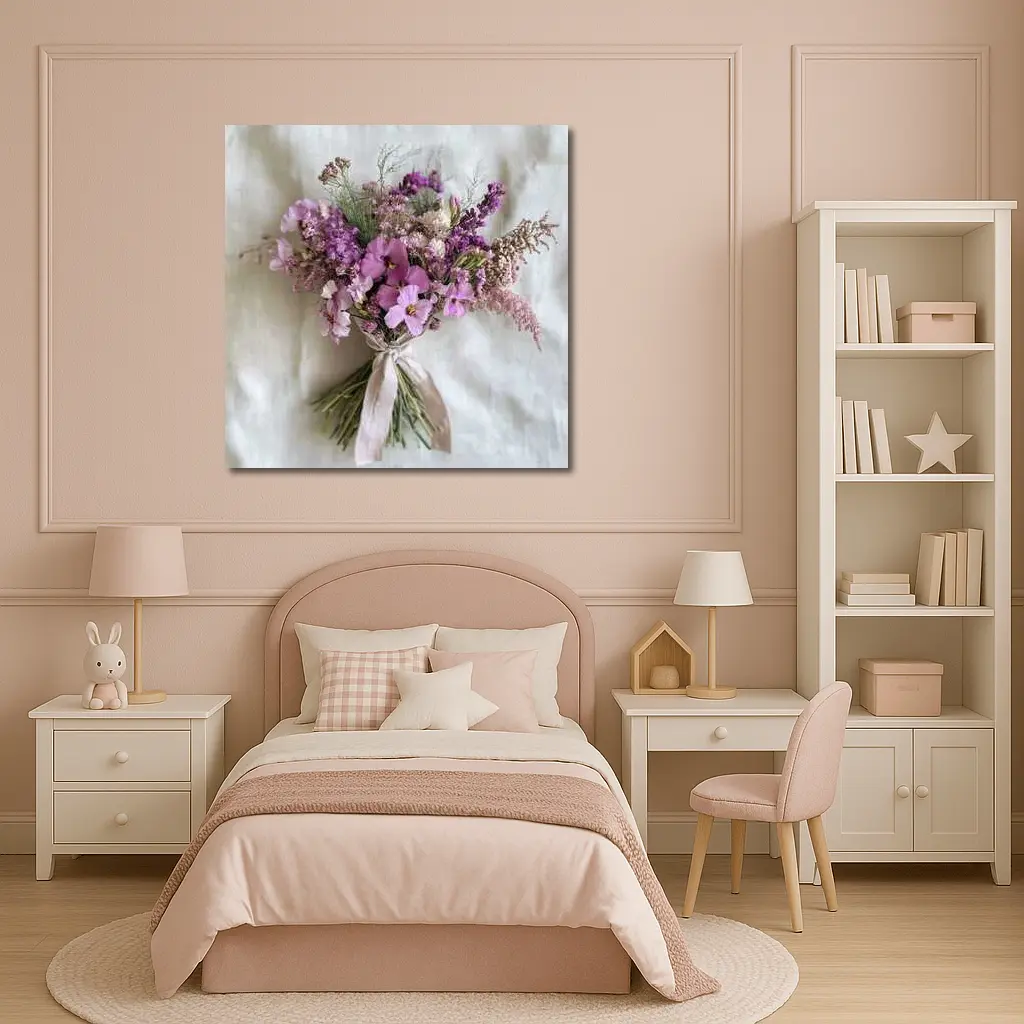 Purple Wildflower Bouquet Tied Linen Ribbon – Wall Art