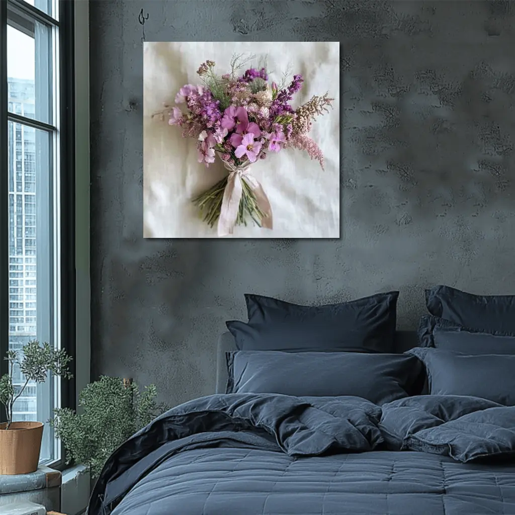 Purple Wildflower Bouquet Tied Linen Ribbon – Wall Art