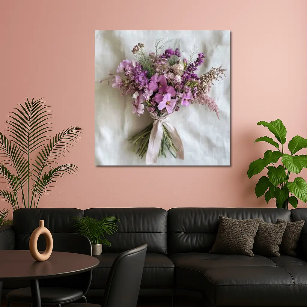 Purple Wildflower Bouquet Tied Linen Ribbon – Wall Art