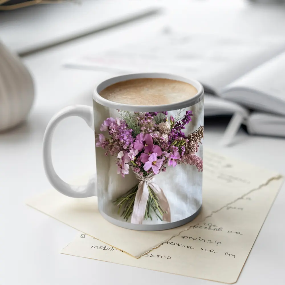 Purple Wildflower Bouquet Tied Linen Ribbon – Mugs